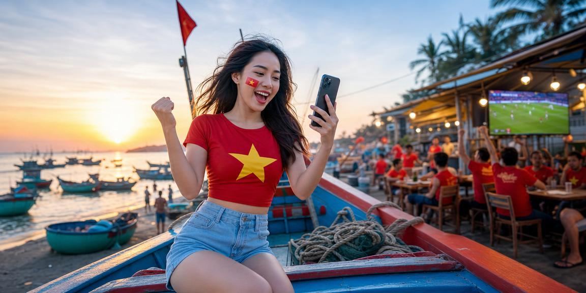 Người dùng tại Mũi Né đọc phân tích kèo thể thao trên điện thoại bên bãi biển